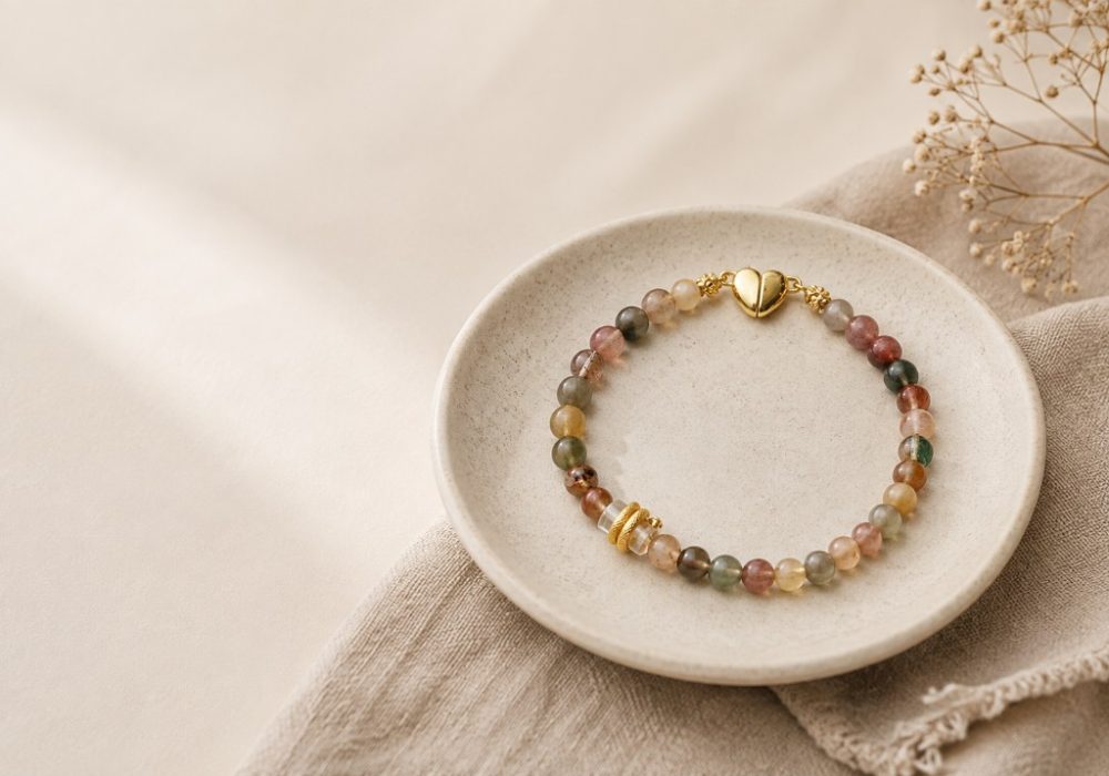 Multicolored rutilated quartz and clear quartz barrel bead bracelet by MOSSORY