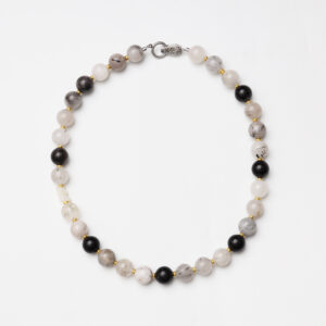 Black Rutilated Quartz & Mother of Pearl Bear Charm Necklace