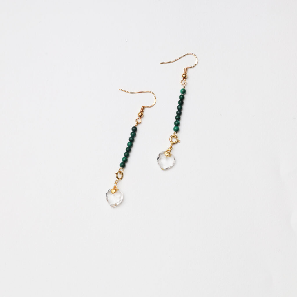 S925 Silver Heart-Shaped Clear Quartz & Malachite Earrings