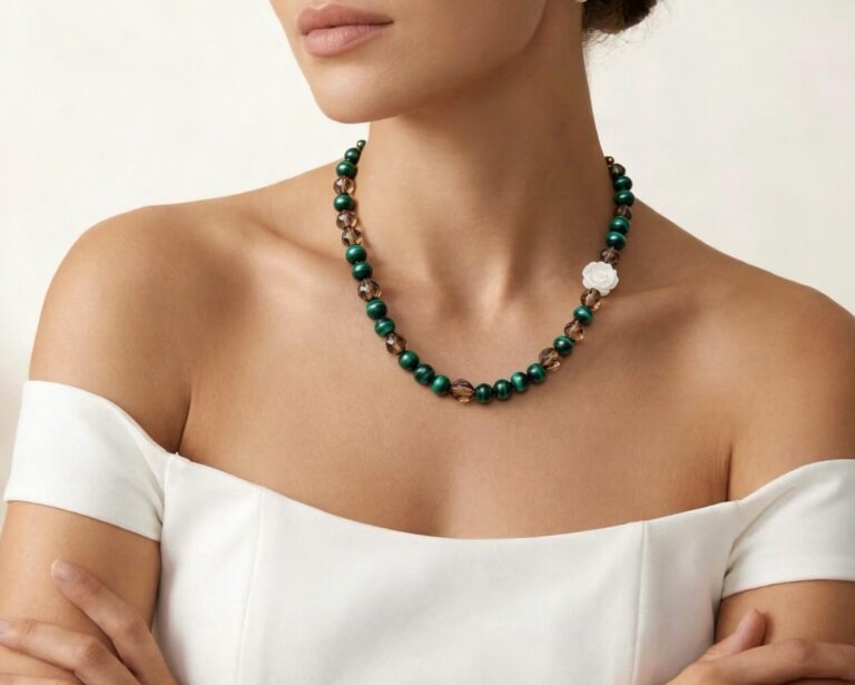 Necklace worn with an open collar