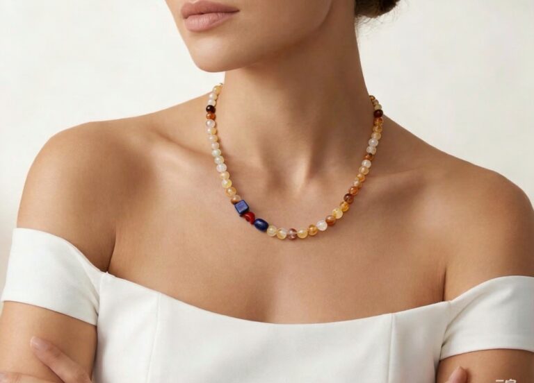 Necklace worn with an open collar