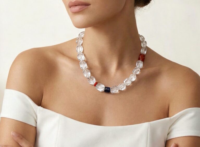 Necklace worn with an open collar