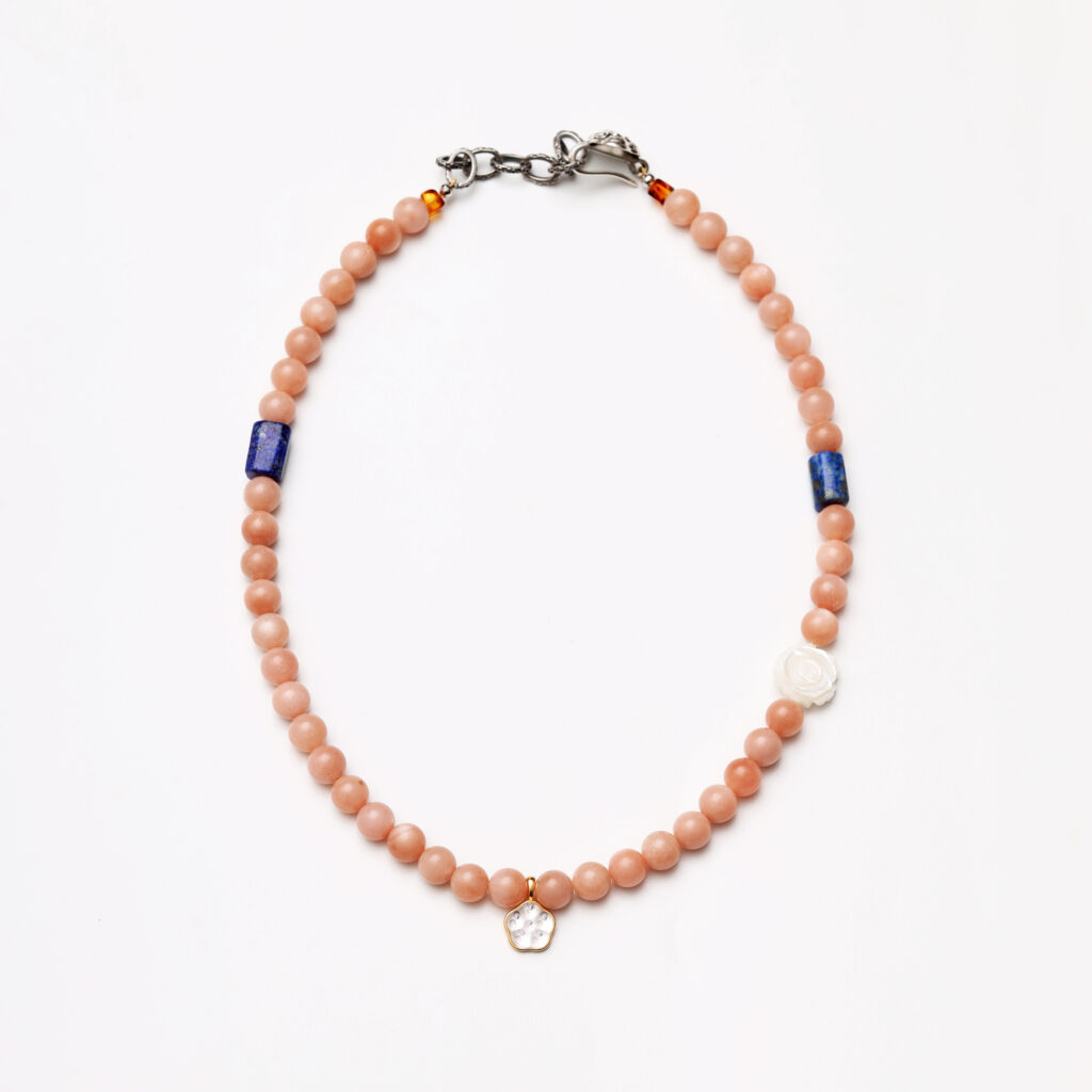 Sunset to Starlight · Orange Moonstone & Lapis Lazuli Necklace with Shell Rose & Crystal Pendant