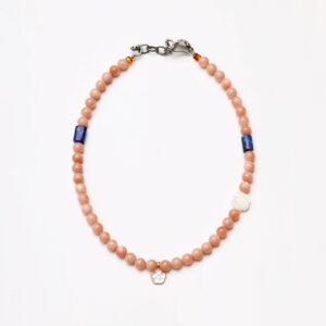Sunset to Starlight · Orange Moonstone & Lapis Lazuli Necklace with Shell Rose & Crystal Pendant