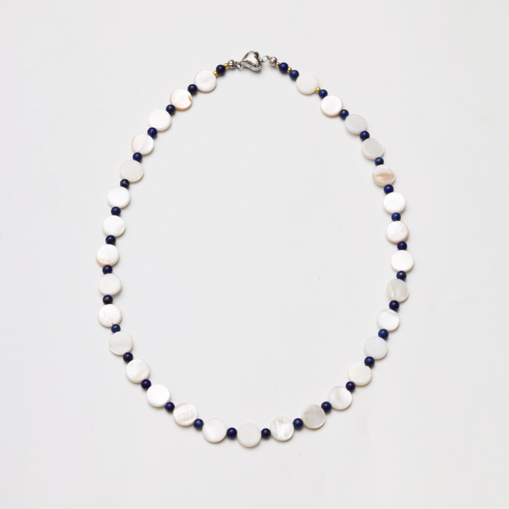 Moon Phases · Mother-of-Pearl Disc & Lapis Lazuli Bead Necklace