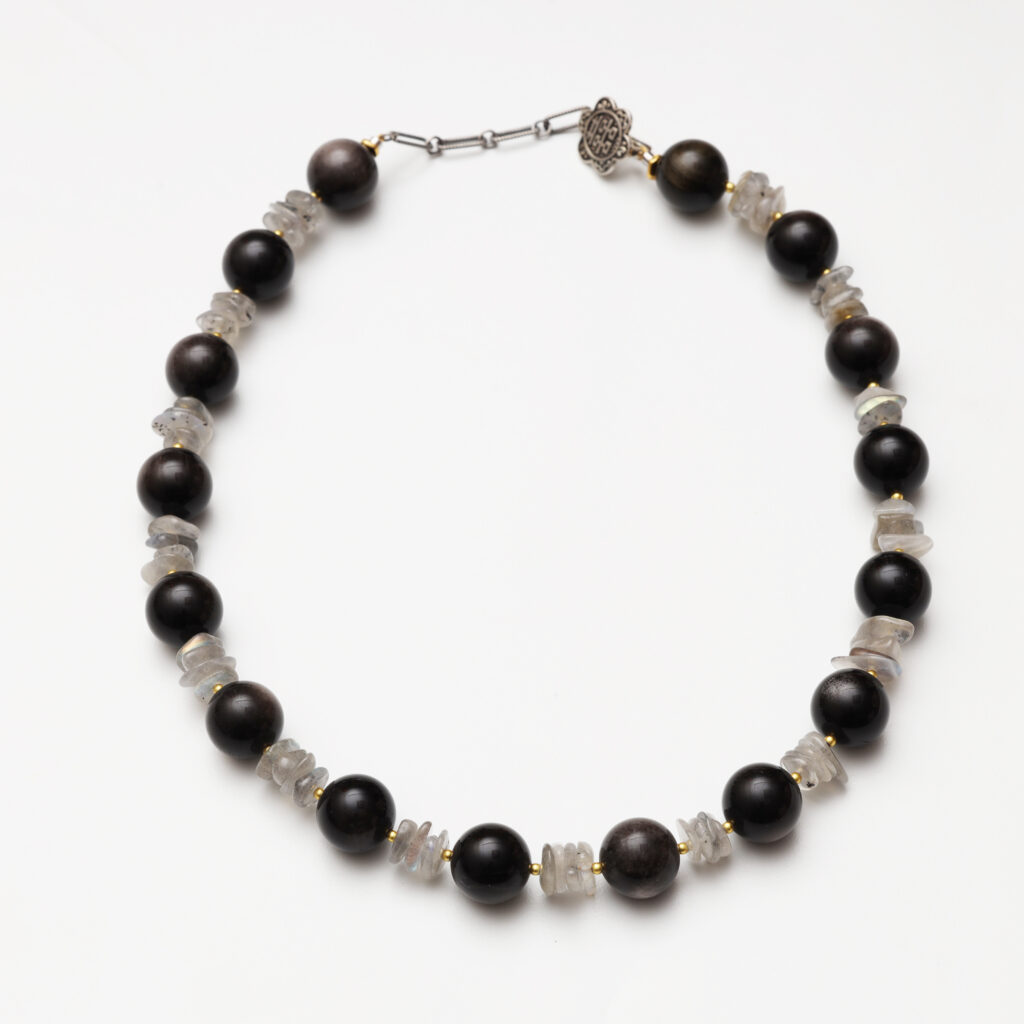 Silent Dawn · Silver Obsidian & Grey Moonstone Free-Form Necklace