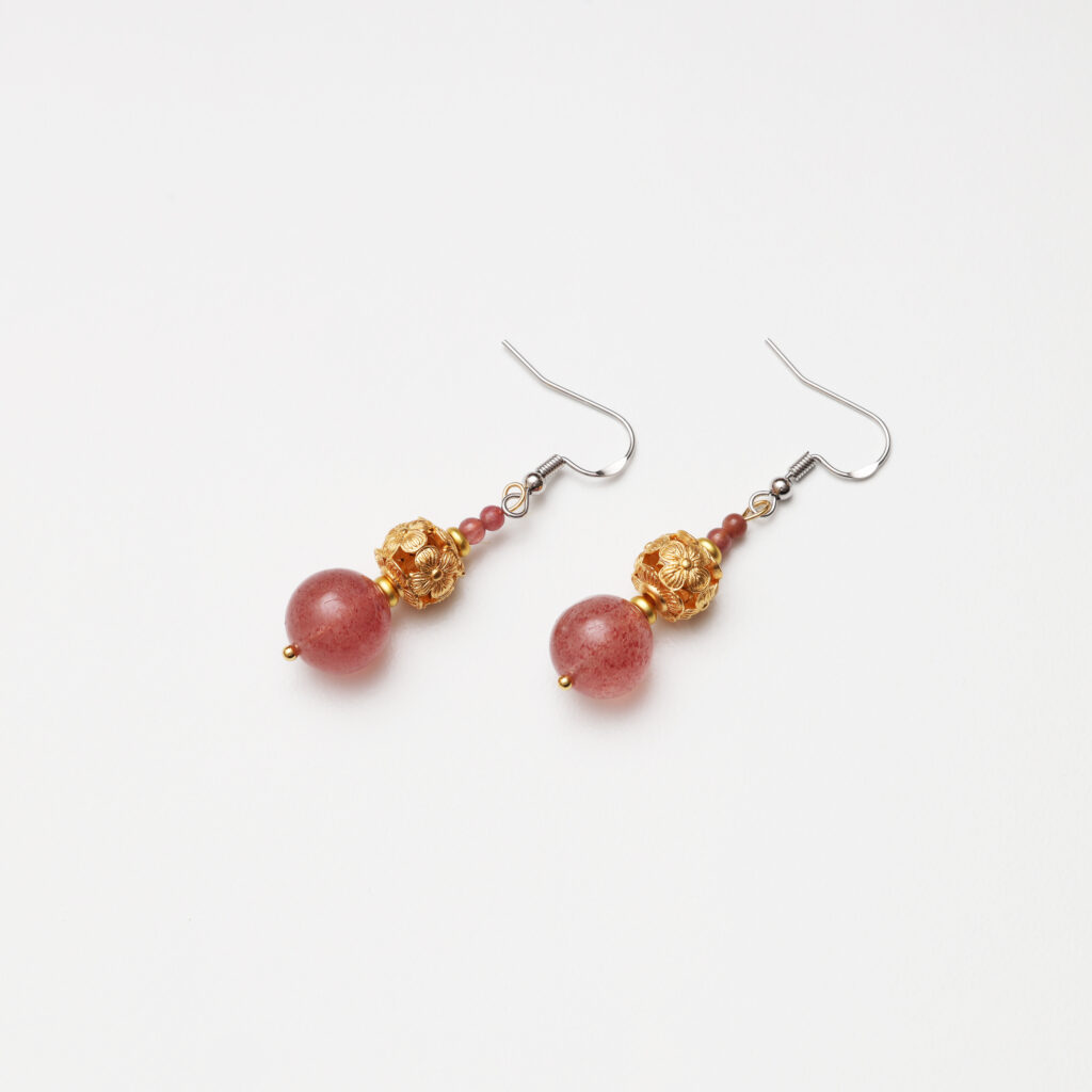 Everyday natural gemstone earrings featuring strawberry quartz and pink tourmaline