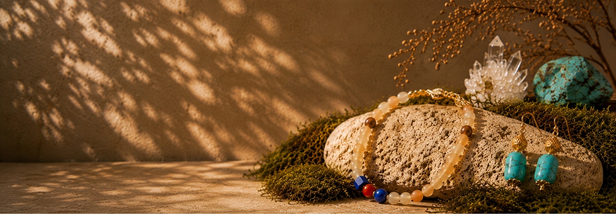 A designer sketching jewelry with natural gemstones on a sunlit wooden table