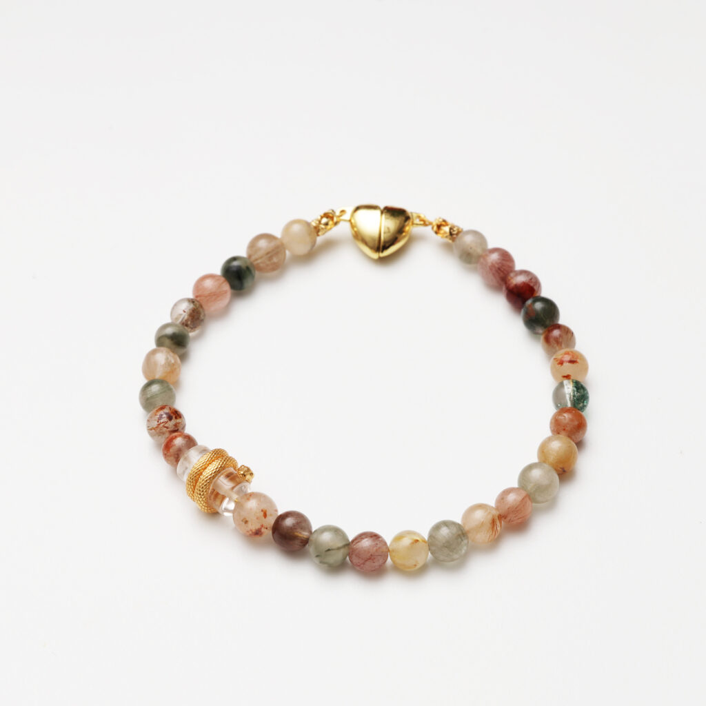 Multicolored rutilated quartz and clear quartz natural gemstone bracelet