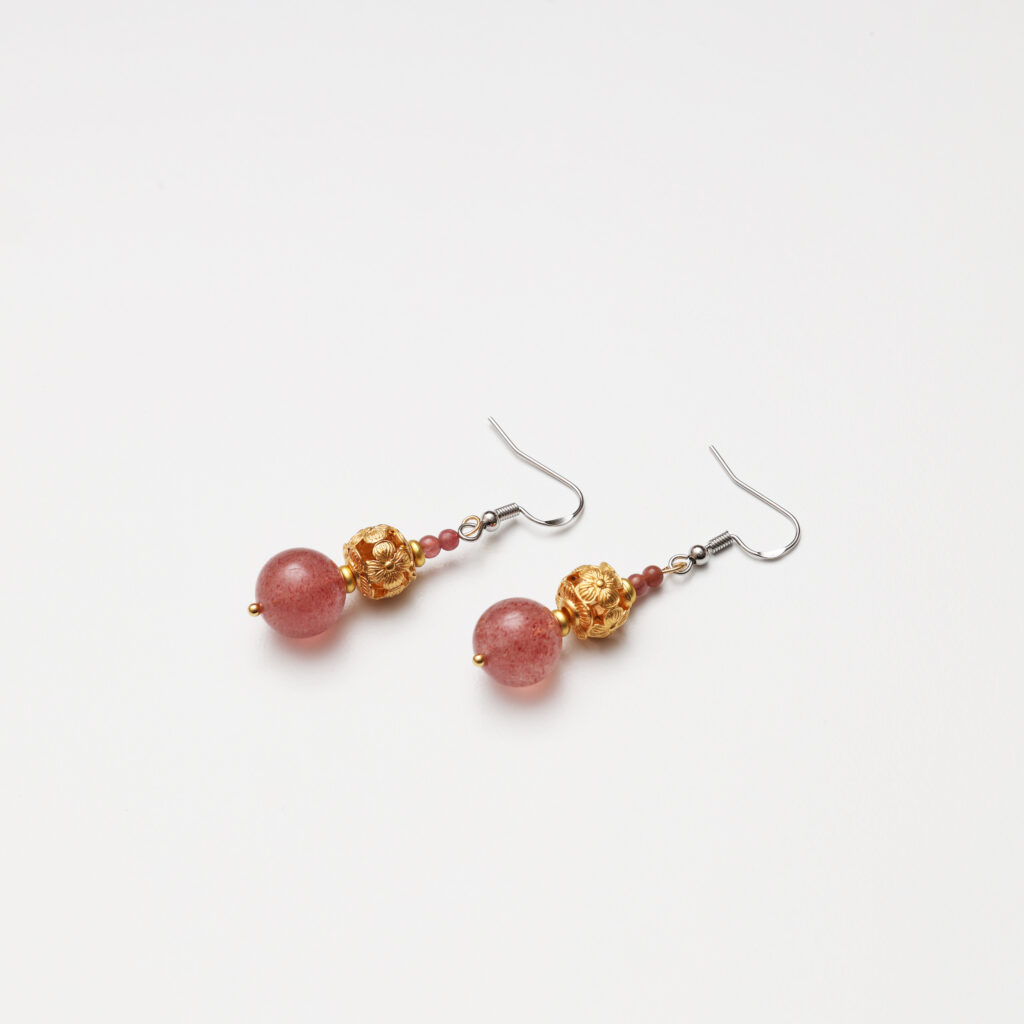 Temple Camellia strawberry quartz and pink tourmaline openwork earrings front view