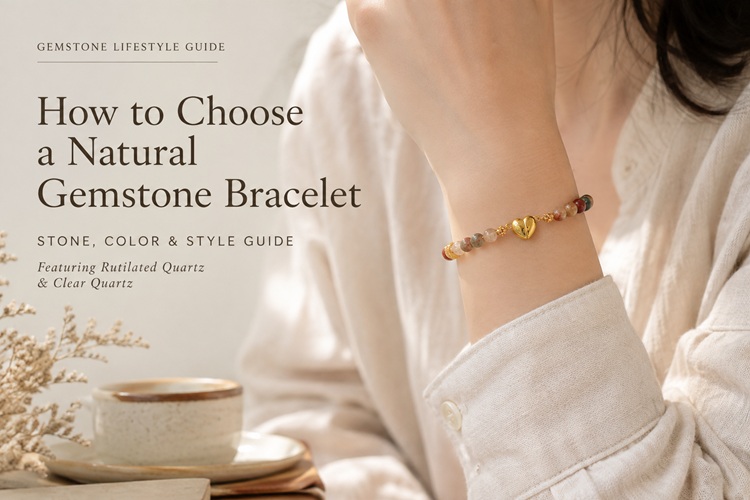 Woman wearing a natural gemstone bracelet with multicolored rutilated quartz and clear quartz