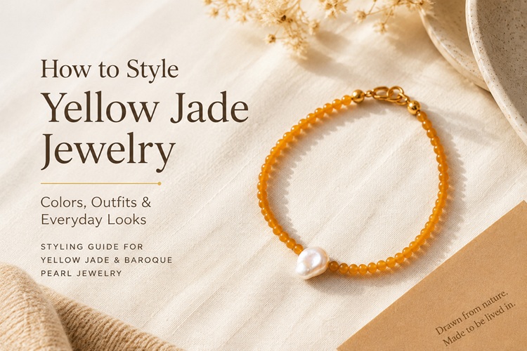 Yellow jade and baroque pearl bracelet styled for everyday wear