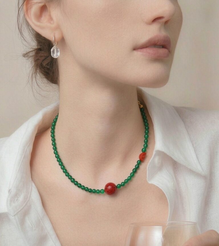 Necklace worn with an open collar