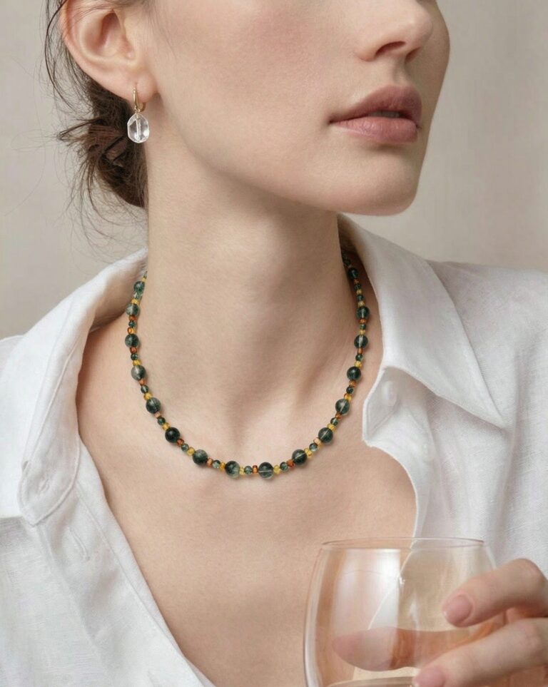 Necklace worn with an open collar