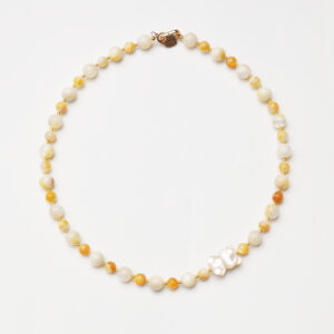 Autumn Haze · Yellow Mother-of-Pearl & Carved Bear Bead Necklace