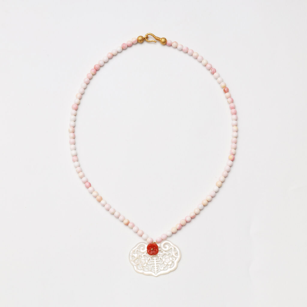 Boudoir Grace · Pink Mother-of-Pearl, Southern Red Agate & White Butterfly Shell Ruyi Lock Necklace