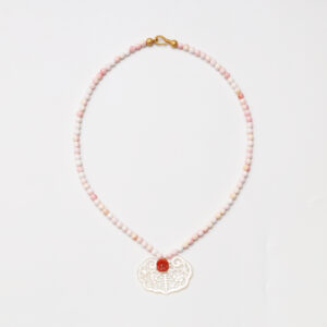 Boudoir Grace · Pink Mother-of-Pearl, Southern Red Agate & White Butterfly Shell Ruyi Lock Necklace