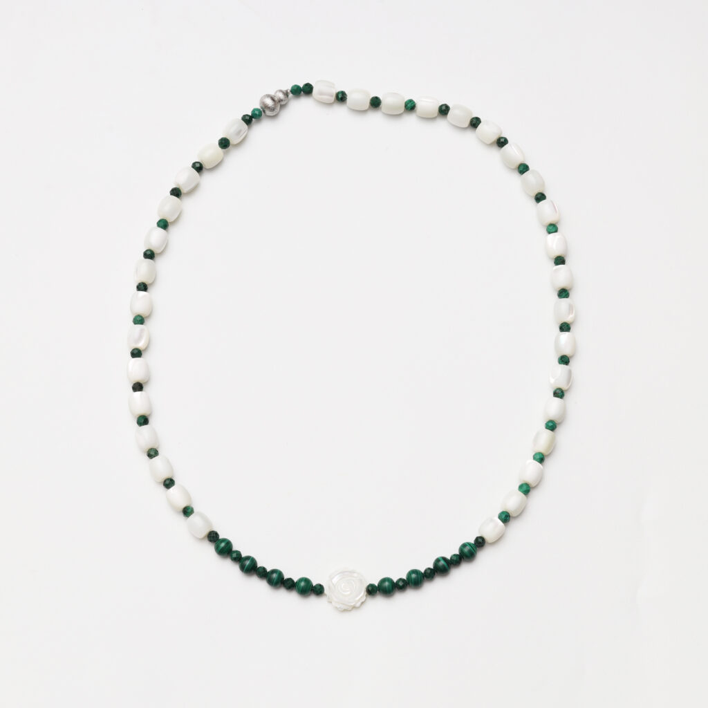 Mother-of-Pearl Barrel & Malachite Carved Rose Necklace