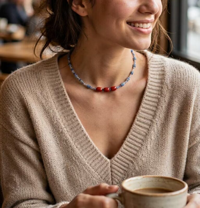 Necklace worn with an open collar